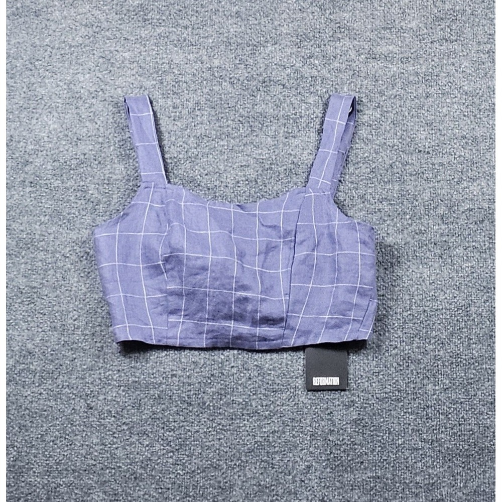 Reformation Scott Plaid Crop Tank Top Size 8 Blue Tie Back